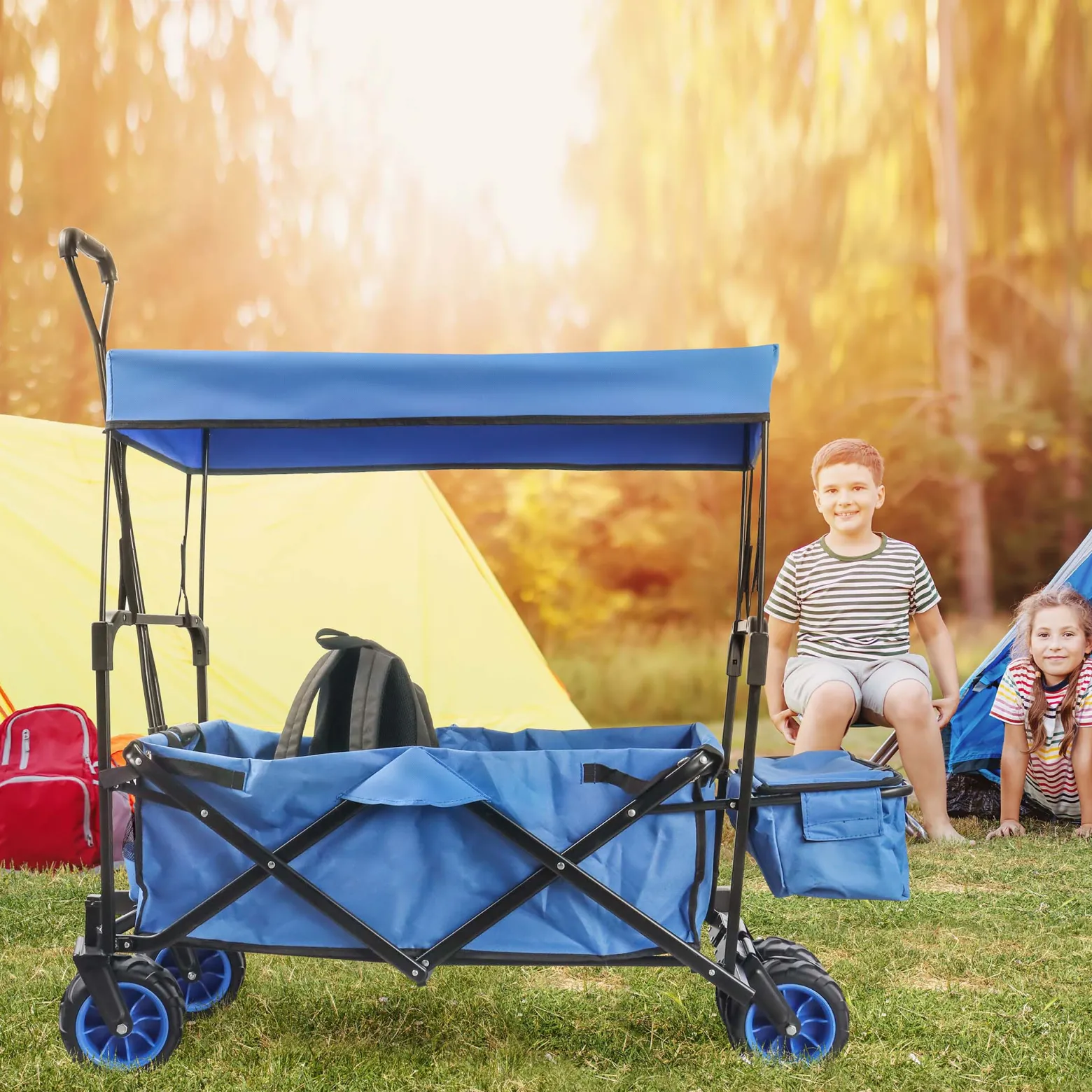 Wiltec Faltbarer Bollerwagen mit Sonnendach, Faltbollerwagen für max. 70 kg, Klappbollerwagen mit großer Ladefläche und Taschen, offroad geeignet