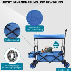Wiltec Faltbarer Bollerwagen mit Sonnendach, Faltbollerwagen für max. 70 kg, Klappbollerwagen mit großer Ladefläche und Taschen, offroad geeignet