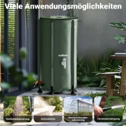 Wiltec Faltbare Regentonne 100 l mit Deckel, Regenfass aus 620 g/m² PVC, Regenwassertank mit Wasserhahn, Wasserspeicher Garten mit Schlauchanschluss