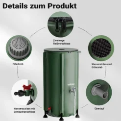 Wiltec Faltbare Regentonne 100 l mit Deckel, Regenfass aus 620 g/m² PVC, Regenwassertank mit Wasserhahn, Wasserspeicher Garten mit Schlauchanschluss