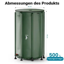 Wiltec Faltbare Regentonne 500 l mit Deckel, Regenfass aus 620 g/m² PVC, Regenwassertank mit Wasserhahn, Wasserspeicher Garten mit Schlauchanschluss