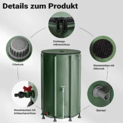 Wiltec Faltbare Regentonne 500 l mit Deckel, Regenfass aus 620 g/m² PVC, Regenwassertank mit Wasserhahn, Wasserspeicher Garten mit Schlauchanschluss
