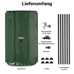Wiltec Faltbare Regentonne 250 l mit Deckel, Regenfass aus 620 g/m² PVC, Regenwassertank mit Wasserhahn, Wasserspeicher Garten mit Schlauchanschluss