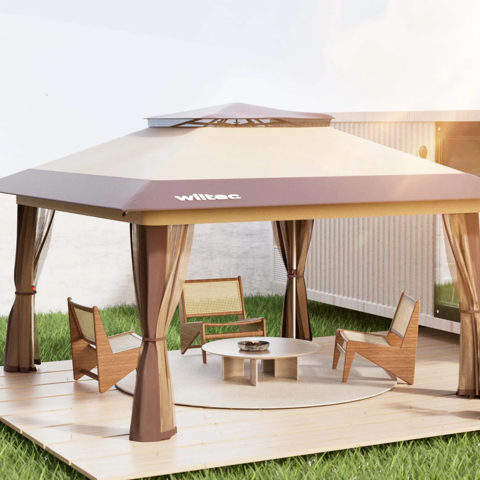 Wiltec Faltpavillon Moskitonetz 4 x 4 m beige, Gartenpavillon mit Rädern und Mückennetz, Partyzelt mit "One Push"-Technik und verstellbaren Beinen