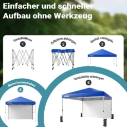 Wiltec Faltpavillon 3 x 3 m blau mit Rädern, Faltpavillon mit „One Push“-Technologie, Gartenpavillon mit UV-Schutz 50+, Pavillon für Camping