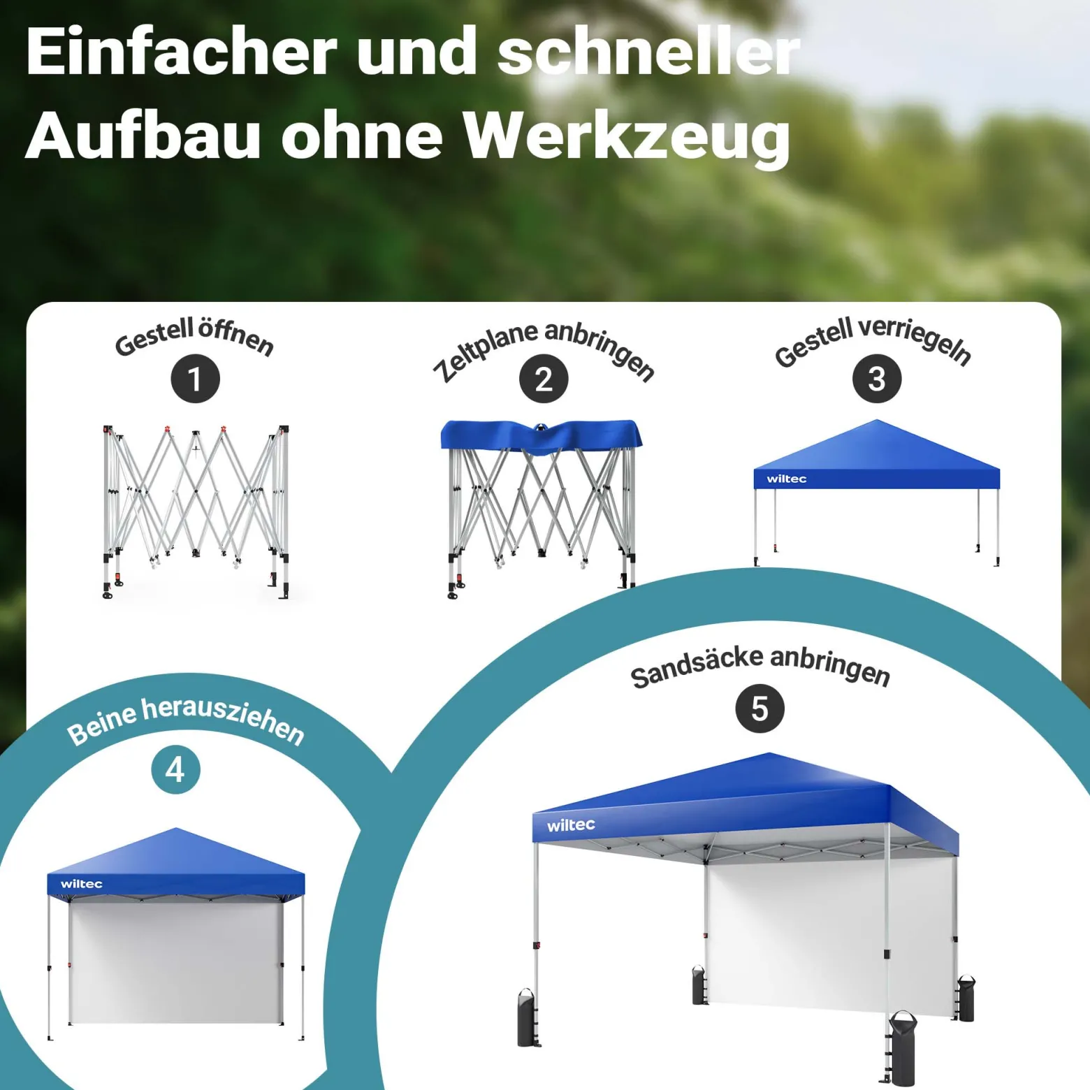 Wiltec Faltpavillon 3 x 3 m blau mit Rädern, Faltpavillon mit „One Push“-Technologie, Gartenpavillon mit UV-Schutz 50+, Pavillon für Camping