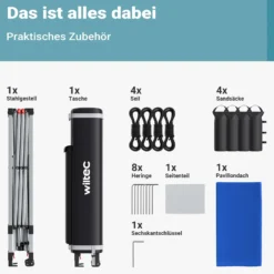 Wiltec Faltpavillon 3 x 3 m blau mit Rädern, Faltpavillon mit „One Push“-Technologie, Gartenpavillon mit UV-Schutz 50+, Pavillon für Camping