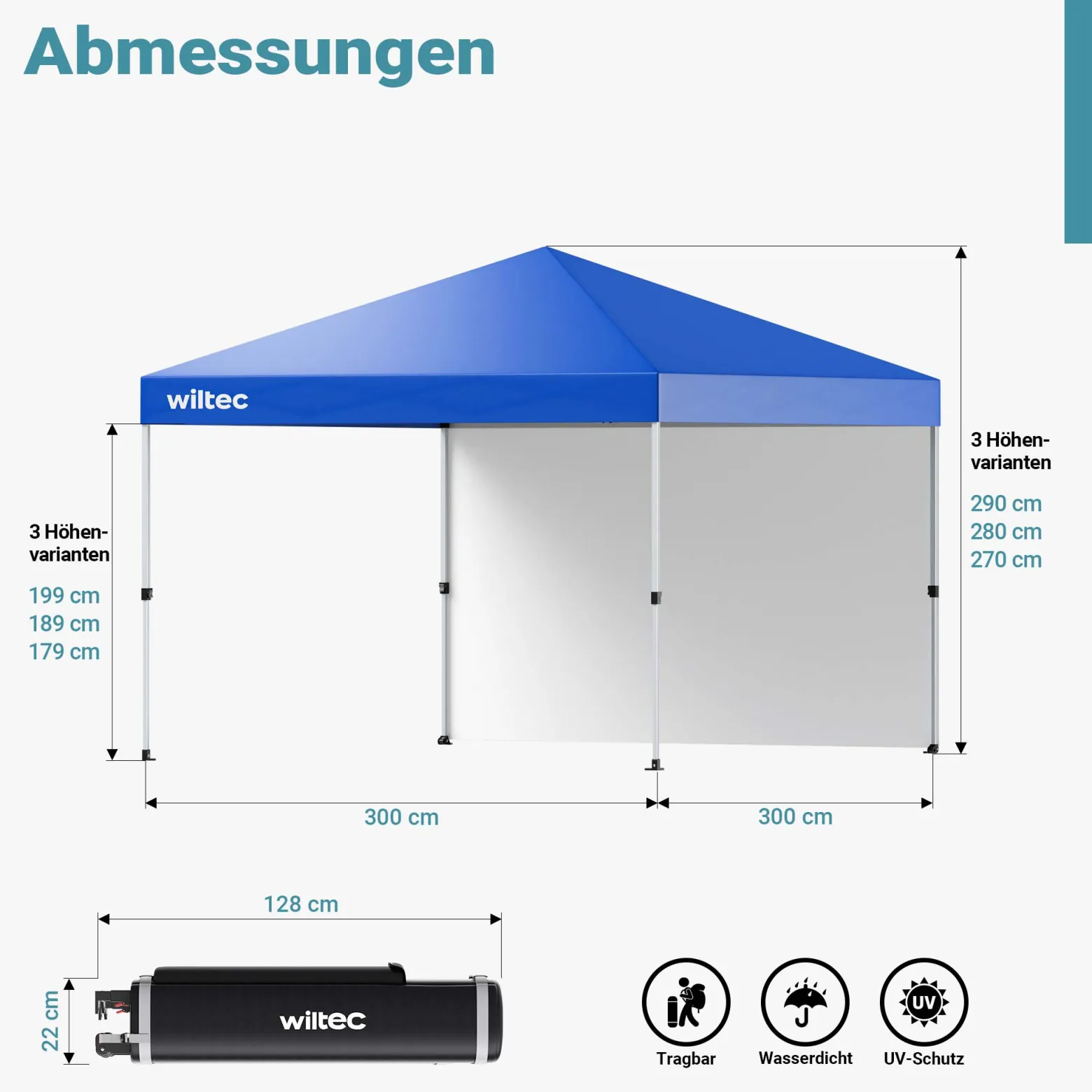 Wiltec Faltpavillon 3 x 3 m blau mit Rädern, Faltpavillon mit „One Push“-Technologie, Gartenpavillon mit UV-Schutz 50+, Pavillon für Camping