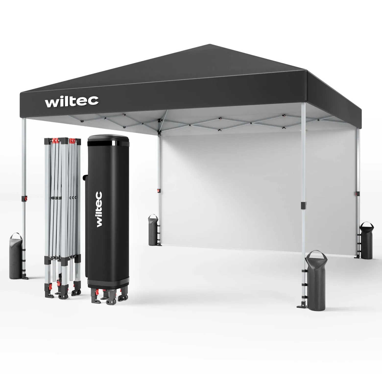 Wiltec Faltpavillon 3 x 3 m grau mit Rädern, Faltpavillon mit „One Push“-Technologie, Gartenpavillon mit UV-Schutz 50+, Pavillon für Camping