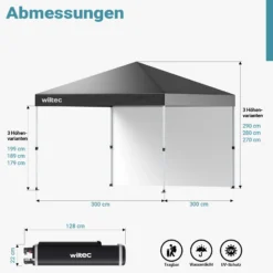 Wiltec Faltpavillon 3 x 3 m grau mit Rädern, Faltpavillon mit „One Push“-Technologie, Gartenpavillon mit UV-Schutz 50+, Pavillon für Camping