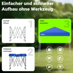 Wiltec Faltpavillon 250 x 250 x 270 cm blau wasserdicht, Pavillon mit Zentralverschluss, Gartenpavillon mit verstellbaren Beinen, Partyzelt für Festival