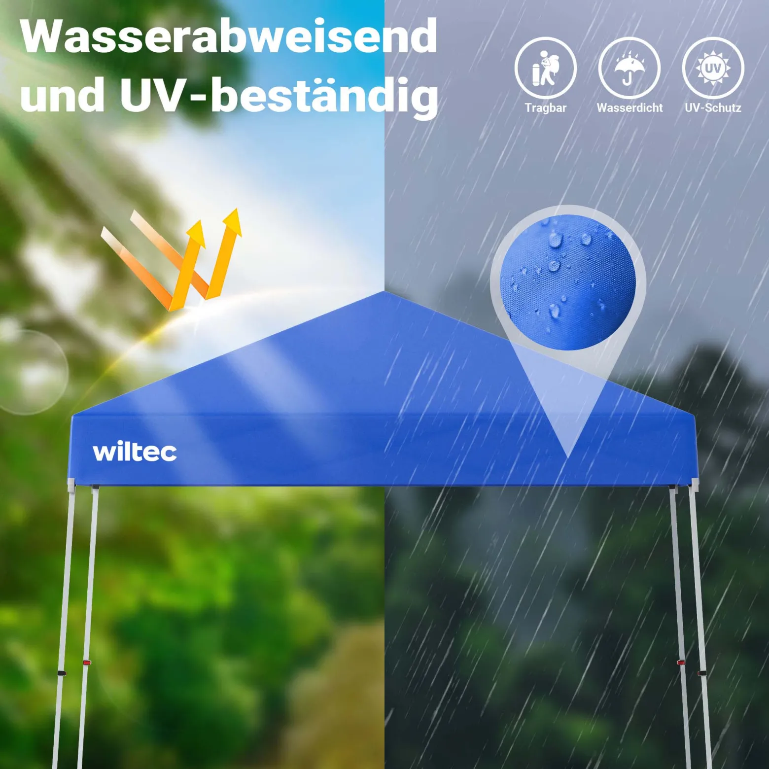 Wiltec Faltpavillon 250 x 250 x 270 cm blau wasserdicht, Pavillon mit Zentralverschluss, Gartenpavillon mit verstellbaren Beinen, Partyzelt für Festival