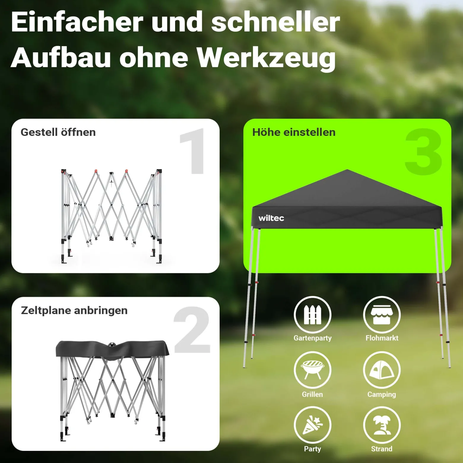 Wiltec Faltpavillon 250 x 250 x 270 cm grau wasserdicht, Pavillon mit Zentralverschluss, Gartenpavillon mit verstellbaren Beinen, Partyzelt für Festival