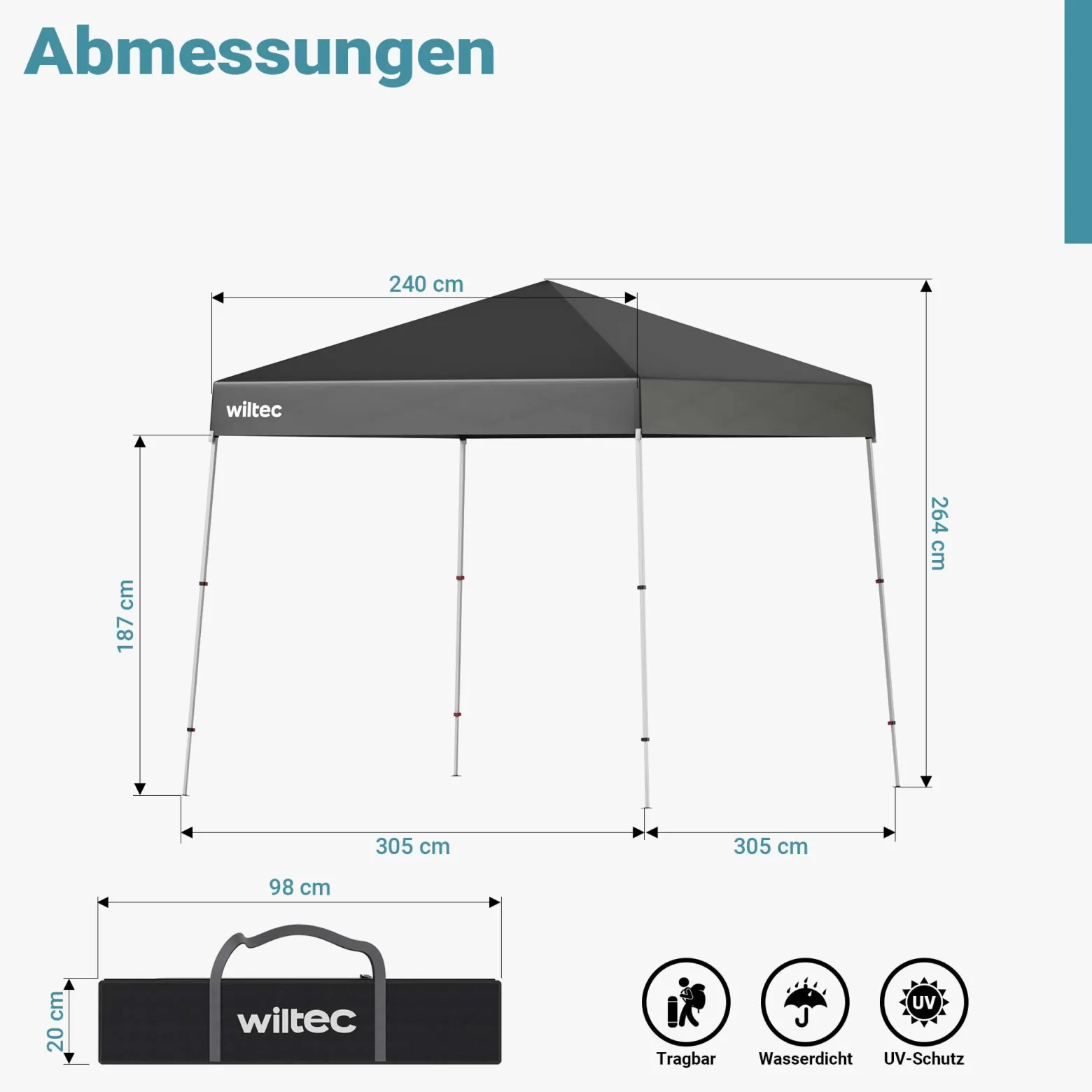 Wiltec Faltpavillon 250 x 250 x 270 cm grau wasserdicht, Pavillon mit Zentralverschluss, Gartenpavillon mit verstellbaren Beinen, Partyzelt für Festival