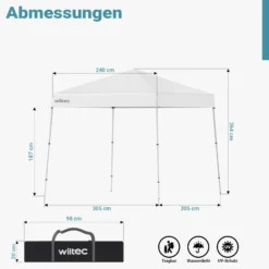 Wiltec Faltpavillon 250 x 250 x 270 cm weiß wasserdicht, Pavillon mit Zentralverschluss, Gartenpavillon mit verstellbaren Beinen, Partyzelt für Festival