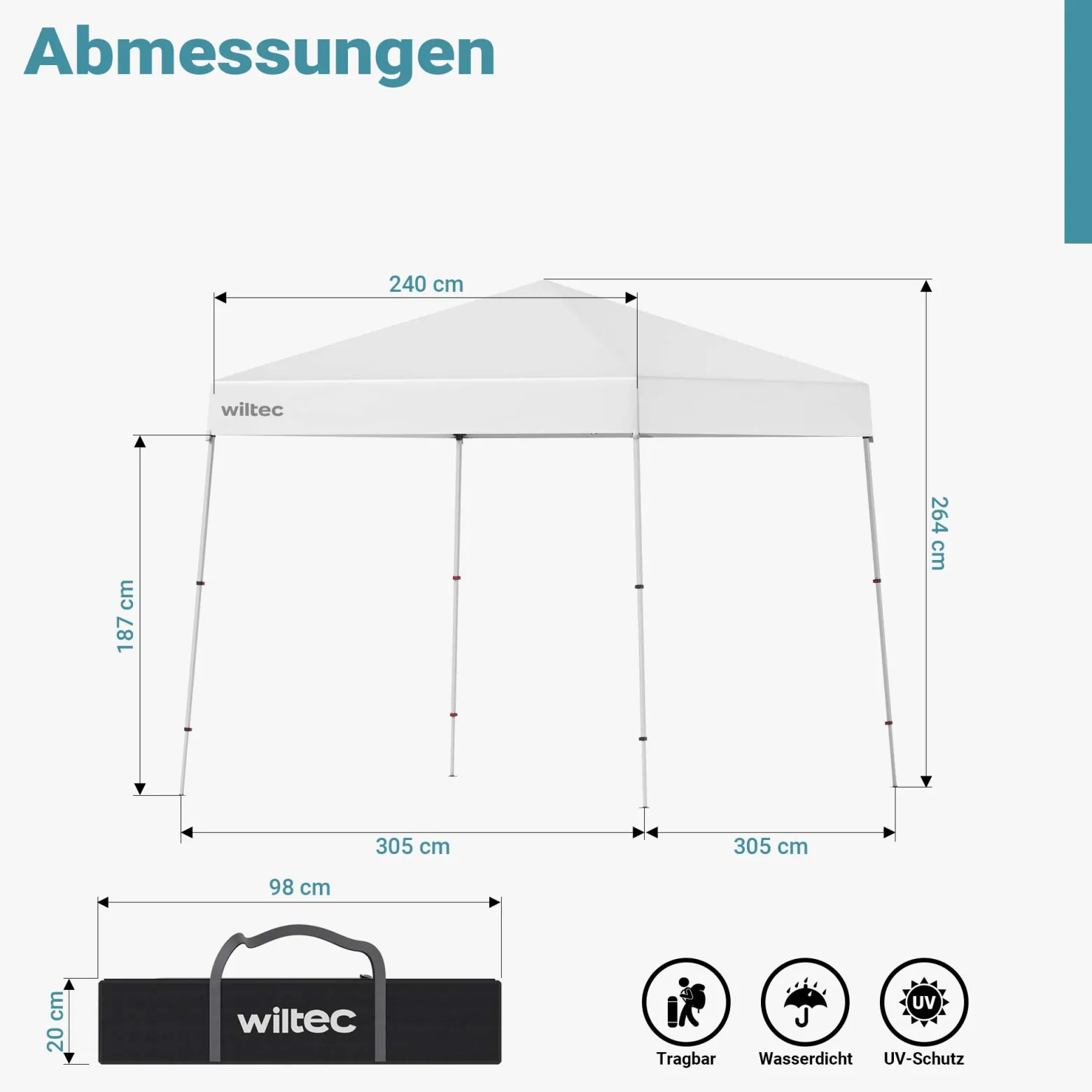Wiltec Faltpavillon 250 x 250 x 270 cm weiß wasserdicht, Pavillon mit Zentralverschluss, Gartenpavillon mit verstellbaren Beinen, Partyzelt für Festival