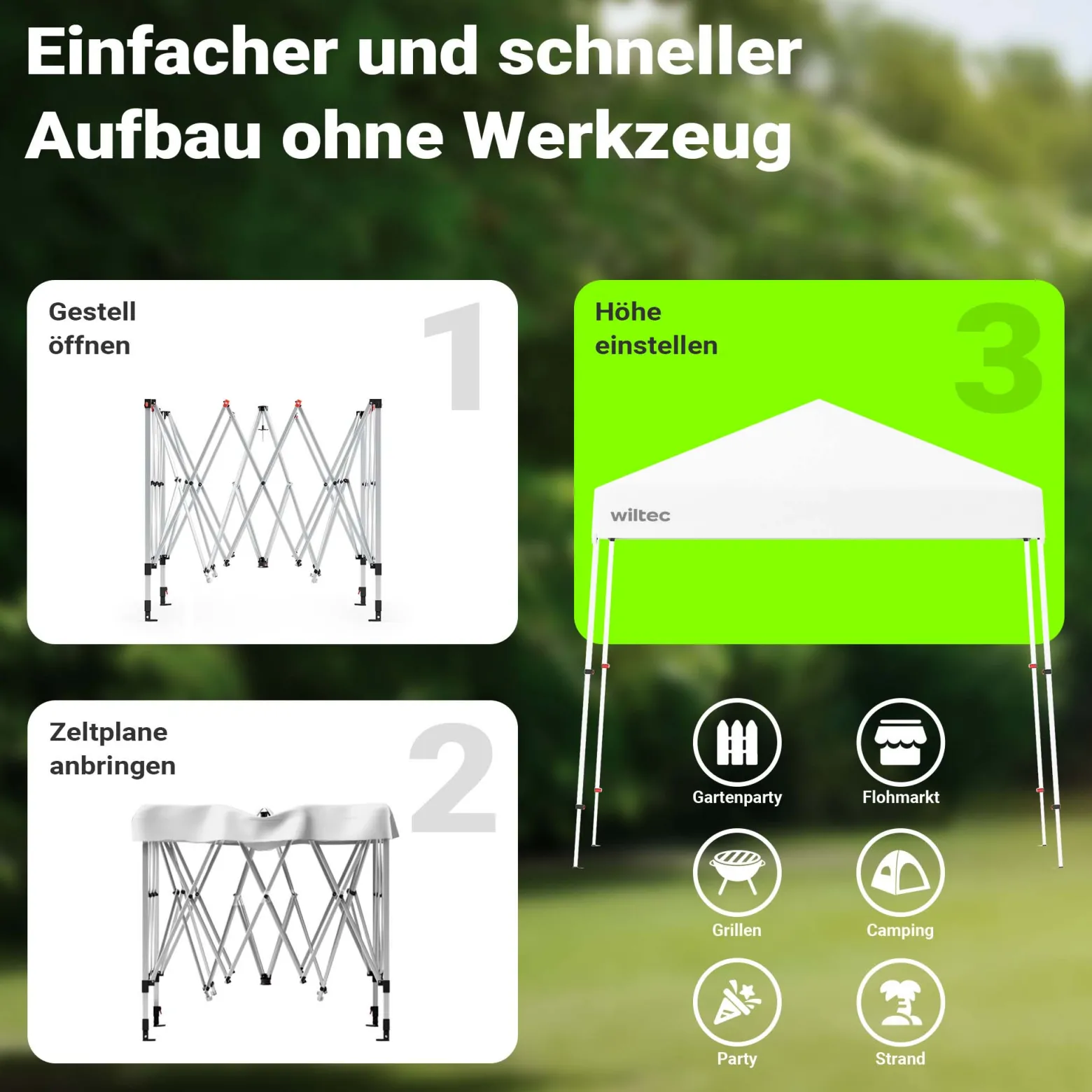 Wiltec Faltpavillon 250 x 250 x 270 cm weiß wasserdicht, Pavillon mit Zentralverschluss, Gartenpavillon mit verstellbaren Beinen, Partyzelt für Festival