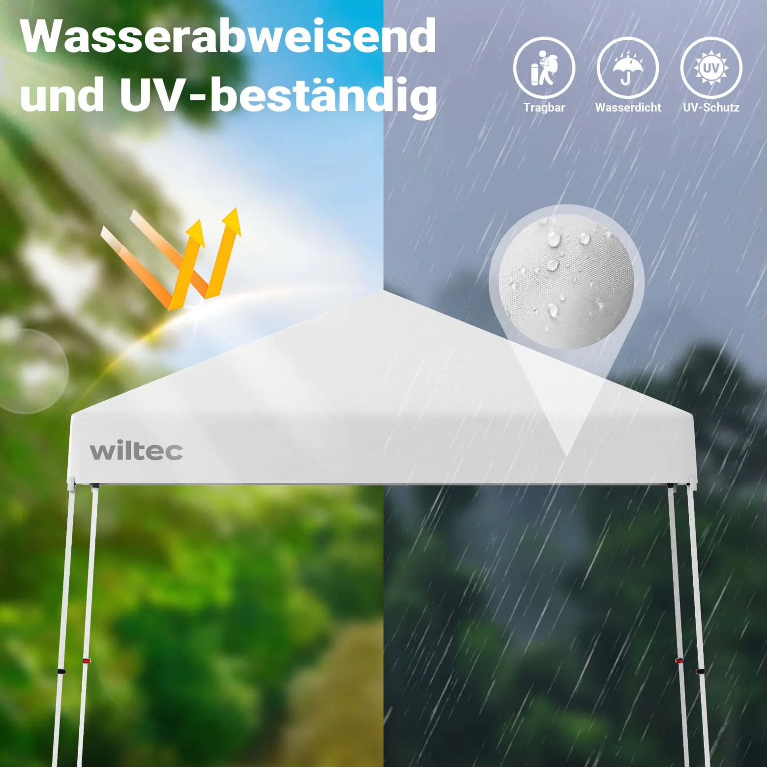 Wiltec Faltpavillon 250 x 250 x 270 cm weiß wasserdicht, Pavillon mit Zentralverschluss, Gartenpavillon mit verstellbaren Beinen, Partyzelt für Festival