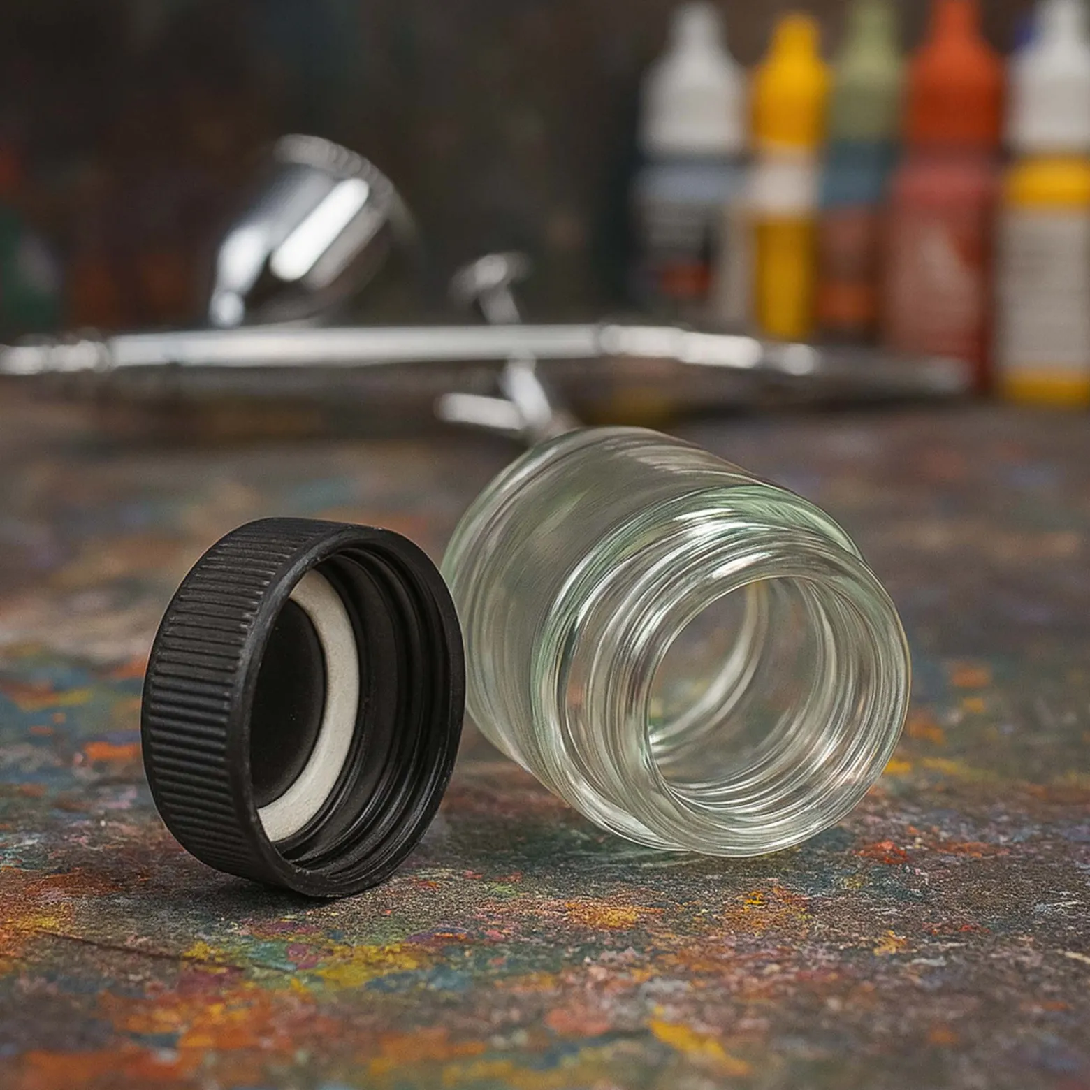 Wiltec Farbbecher für Airbrushpistole, 35 x 35 x 50 mm, Farbbehälter Glas mit Deckel 22 cm³, Variante 1, Airbrush Ersatzteil