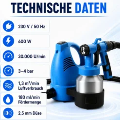 Wiltec Farbspritzpistole 600 W, leistungsstarkes Farbsprühgerät 230 V, elektrische Sprühpistole 3-4 bar, hochwertige Spritzpistole für Wandfarbe mit 800 ml Aluminiumtank