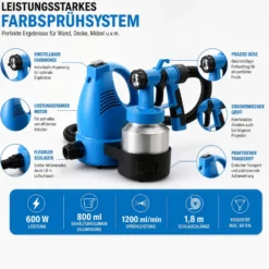 Wiltec Farbspritzpistole 600 W, leistungsstarkes Farbsprühgerät 230 V, elektrische Sprühpistole 3-4 bar, hochwertige Spritzpistole für Wandfarbe mit 800 ml Aluminiumtank