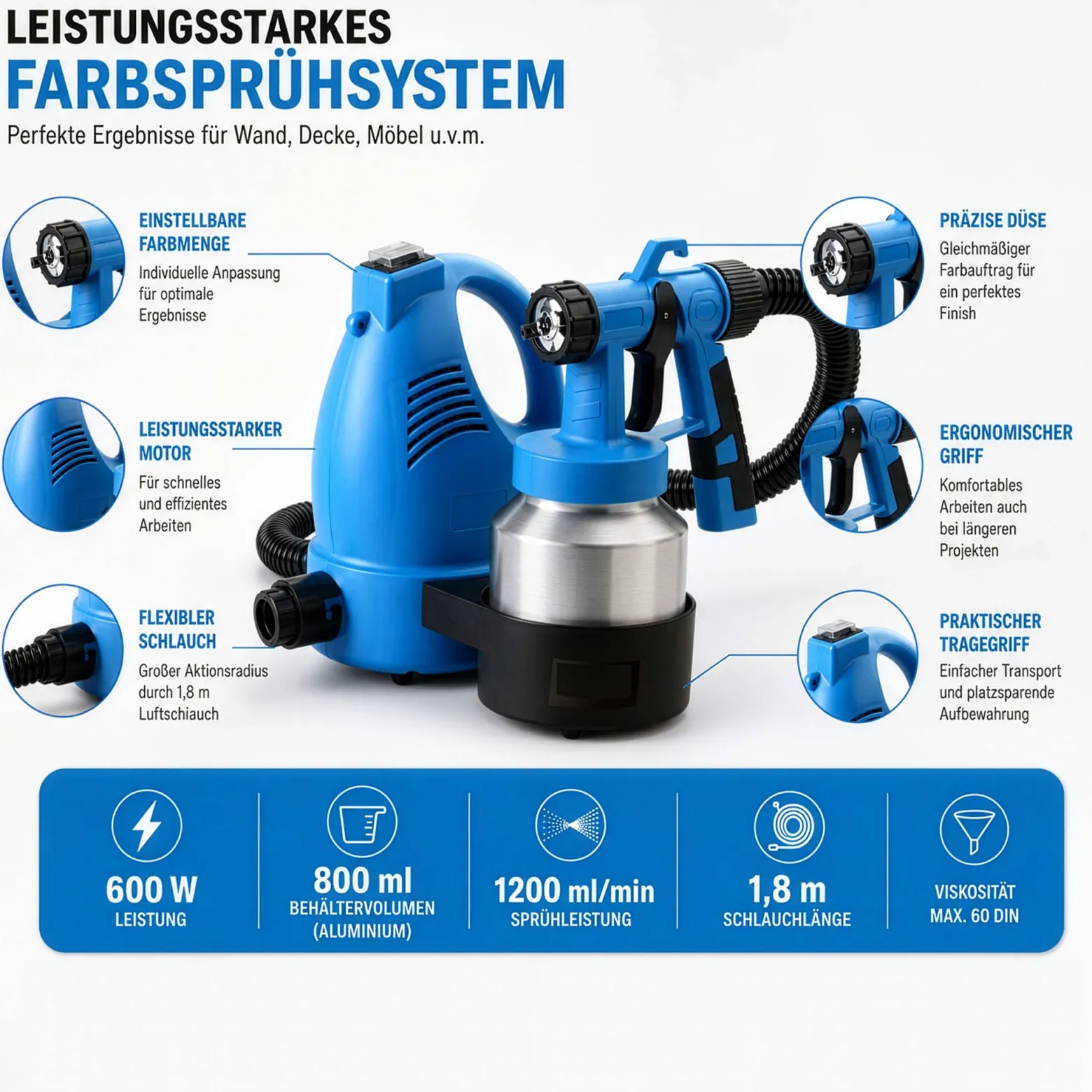 Wiltec Farbspritzpistole 600 W, leistungsstarkes Farbsprühgerät 230 V, elektrische Sprühpistole 3-4 bar, hochwertige Spritzpistole für Wandfarbe mit 800 ml Aluminiumtank