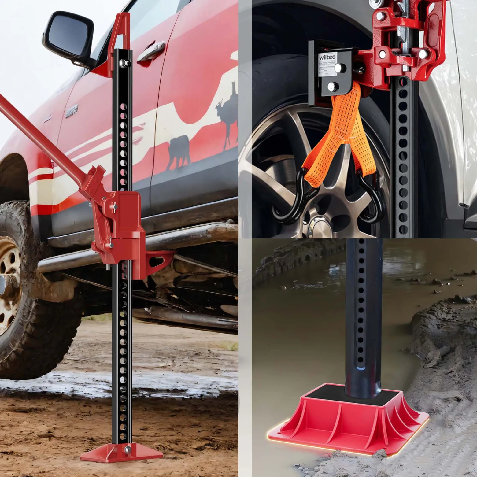 Wiltec Farm Jack – Kompakt-Set für ATV/Anhänger, Wagenheber bis 3000 kg mit Unterlegplatte und Radhebe-Adapter