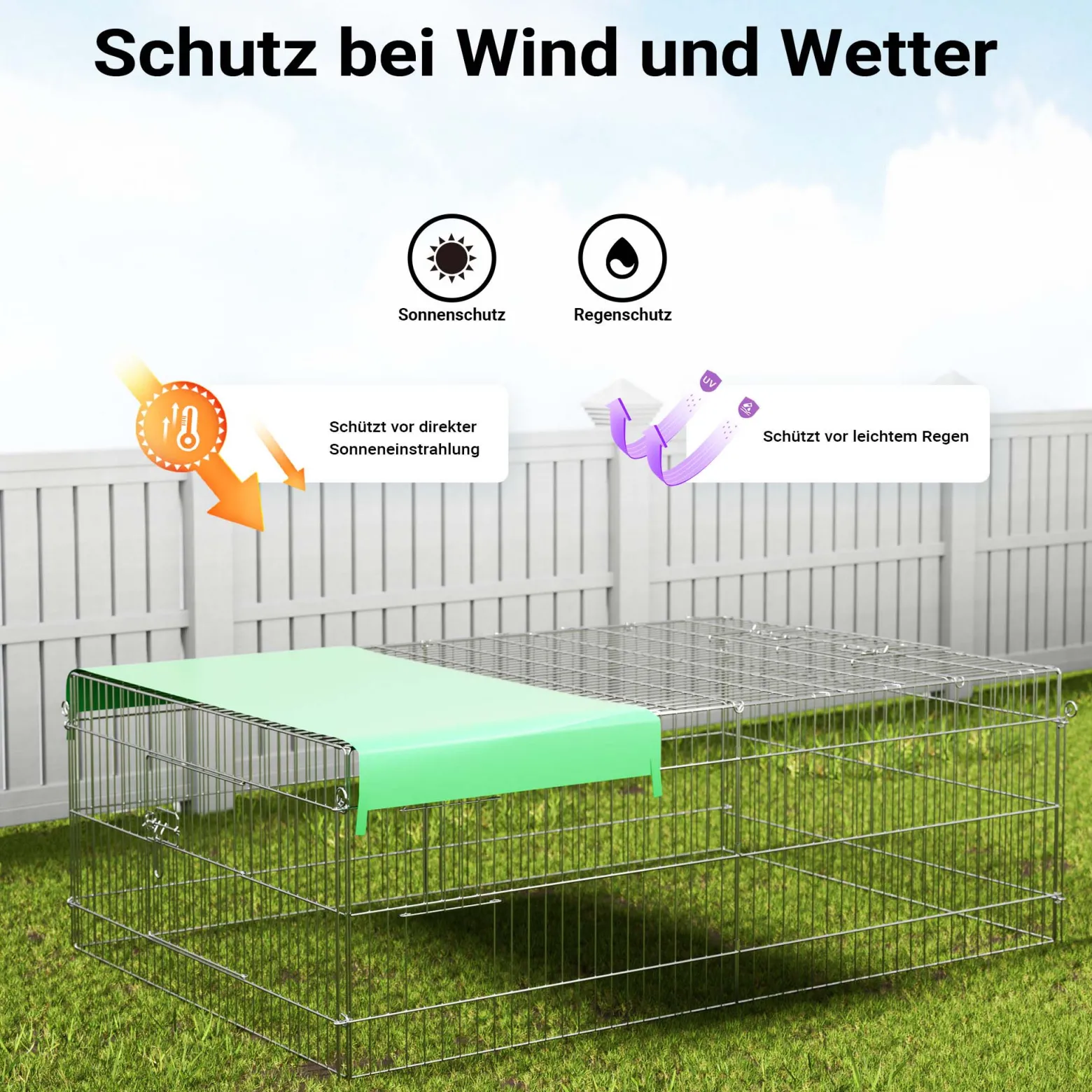 Wiltec Freilaufgehege für Kleintiere, 216 x 116 x 65 cm, stabiles und sicheres Laufstallgitter mit Sonnenschutz und 4 Öffnungen