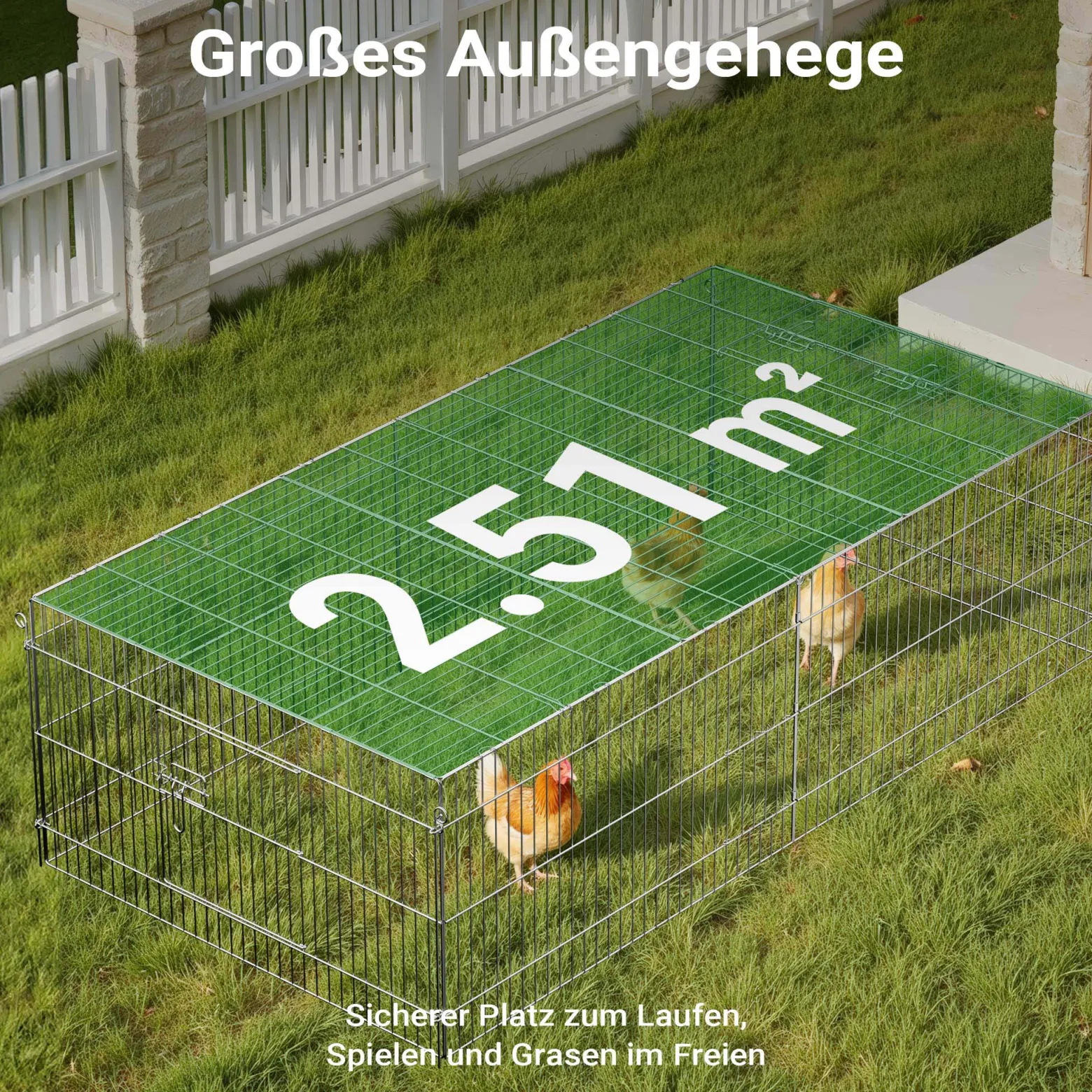 Wiltec Freilaufgehege für Kleintiere, 216 x 116 x 65 cm, stabiles und sicheres Laufstallgitter mit Sonnenschutz und 4 Öffnungen