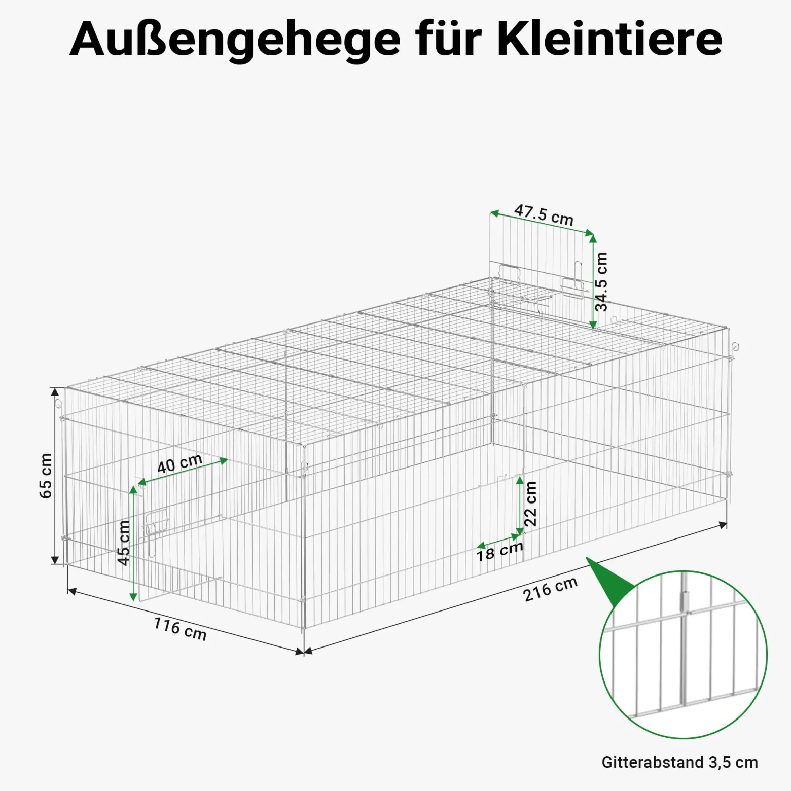 Wiltec Freilaufgehege für Kleintiere, 216 x 116 x 65 cm, stabiles und sicheres Laufstallgitter mit Sonnenschutz und 4 Öffnungen