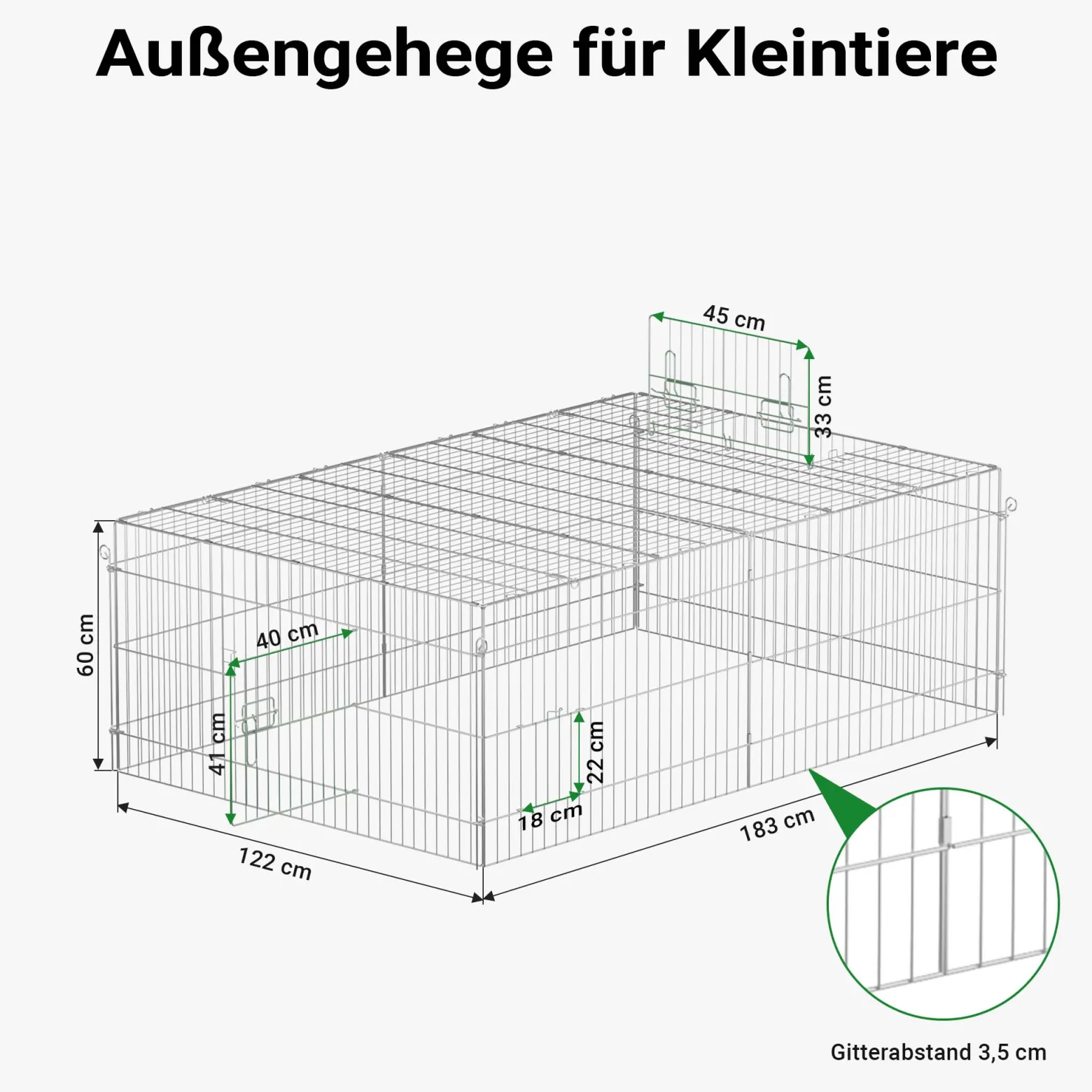 Wiltec Freilaufgehege für Kleintiere, 183 x 122 x 60 cm, stabiles und sicheres Laufstallgitter mit Sonnenschutz und 3 Öffnungen
