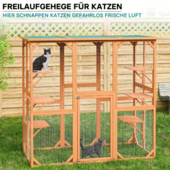 Wiltec Freilaufgehege Katzen 168 x 82 x 166,5 cm mit 6 Liegeflächen, wetterfestes Katzengehege Garten, Katzenhaus mit Drahtgitter und Bitumen Dach