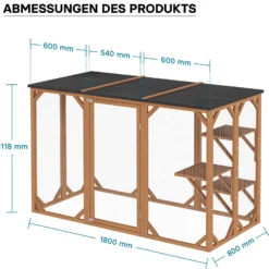 Wiltec Freilaufgehege Katzen 180 x 80 x 111,8 cm mit 3 Liegeflächen, wetterfestes Katzengehege Garten, Katzenhaus mit Drahtgitter und Bitumen Dach