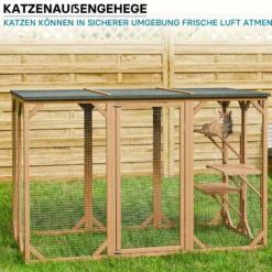 Wiltec Freilaufgehege Katzen 180 x 80 x 111,8 cm mit 3 Liegeflächen, wetterfestes Katzengehege Garten, Katzenhaus mit Drahtgitter und Bitumen Dach