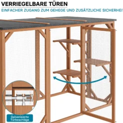 Wiltec Freilaufgehege Katzen 180 x 80 x 111,8 cm mit 3 Liegeflächen, wetterfestes Katzengehege Garten, Katzenhaus mit Drahtgitter und Bitumen Dach