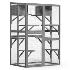 Wiltec Freilaufgehege Katzen 116 x 82 x 175,7 cm, Katzenfreigehege Holz mit PVC-Beschichtung, Außengehege 5 Ebenen, Katzengehege für Garten, Balkon