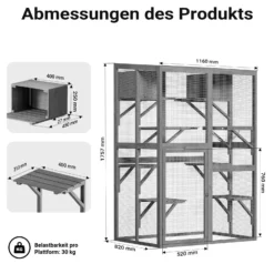 Wiltec Freilaufgehege Katzen 116 x 82 x 175,7 cm, Katzenfreigehege Holz mit PVC-Beschichtung, Außengehege 5 Ebenen, Katzengehege für Garten, Balkon