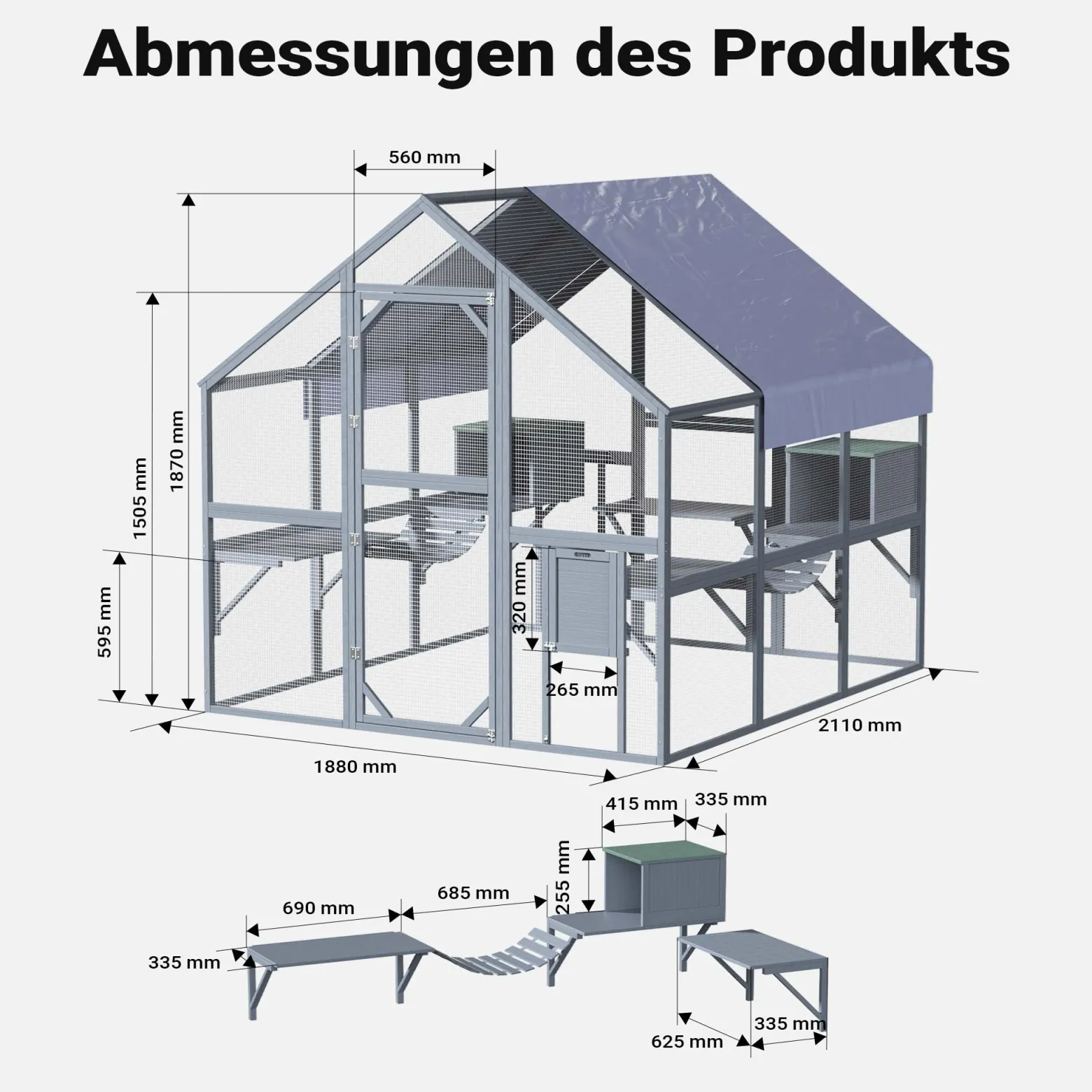 Wiltec Freilaufgehege Katzen 210 x 187 x 187 cm, Katzenfreigehege Holz, Außengehege verschiedene Ebenen, Katzengehege für Garten, Balkon