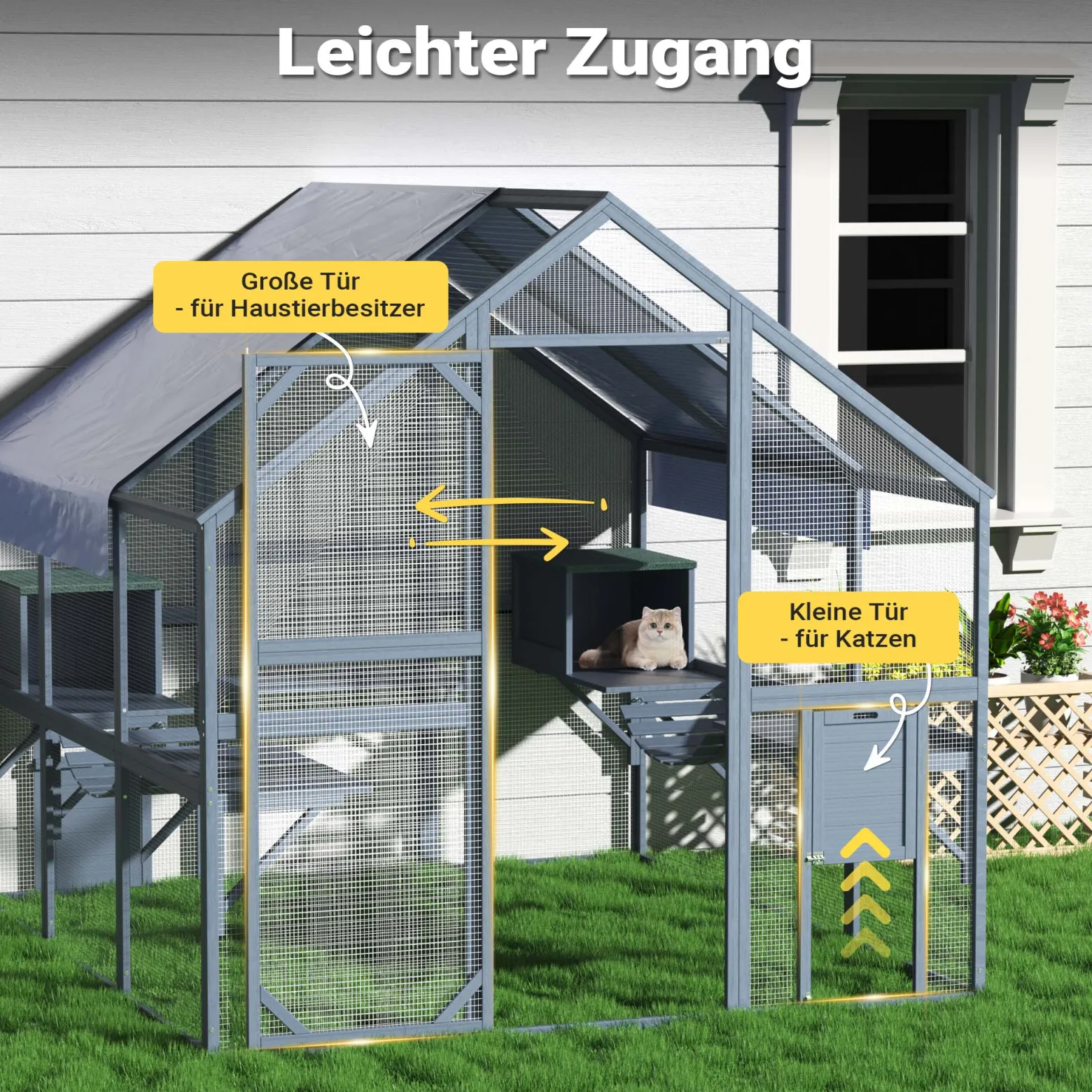 Wiltec Freilaufgehege Katzen 210 x 187 x 187 cm, Katzenfreigehege Holz, Außengehege verschiedene Ebenen, Katzengehege für Garten, Balkon