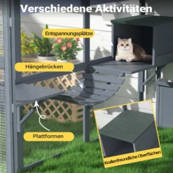 Wiltec Freilaufgehege Katzen 210 x 187 x 187 cm, Katzenfreigehege Holz, Außengehege verschiedene Ebenen, Katzengehege für Garten, Balkon