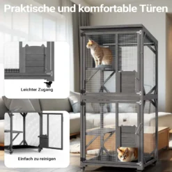 Wiltec Freilaufgehege Katzen 74 x 78 x 180 cm, Katzenfreigehege Tannenholz, Außengehege mehrere Ebenen und Rollen, Katzengehege für Garten, Balkon