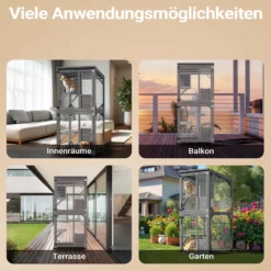 Wiltec Freilaufgehege Katzen 74 x 78 x 180 cm, Katzenfreigehege Tannenholz, Außengehege mehrere Ebenen und Rollen, Katzengehege für Garten, Balkon