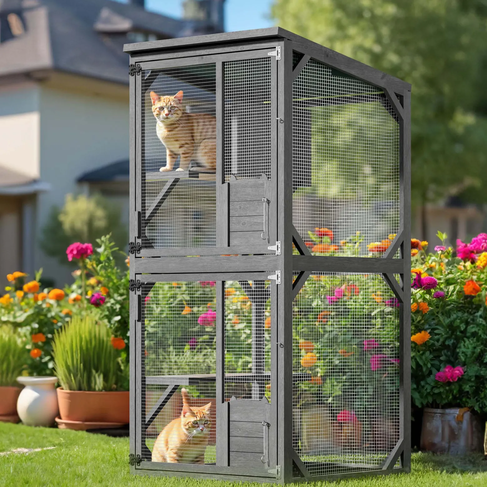 Wiltec Freilaufgehege Katzen 74 x 78 x 180 cm, Katzenfreigehege Tannenholz, Außengehege mehrere Ebenen und Rollen, Katzengehege für Garten, Balkon