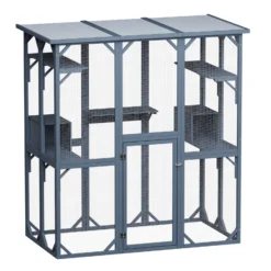Wiltec Freilaufgehege Katzen 1705 x 925 x 1810 mm, Katzenfreigehege Holz mit Asphaltdach, Außengehege verschiedene Ebenen, Katzengehege für Garten, Balkon