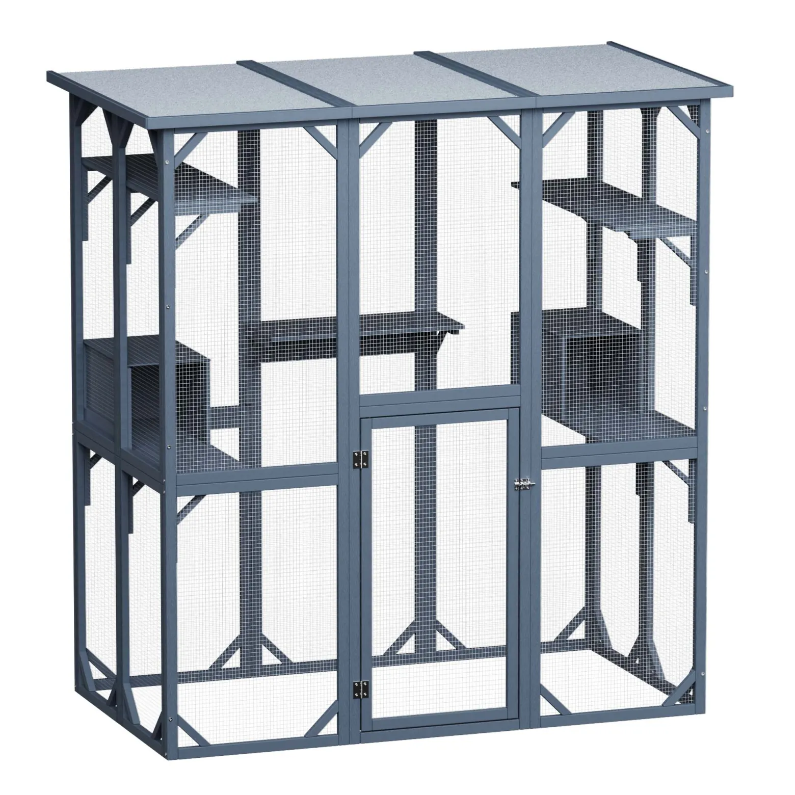 Wiltec Freilaufgehege Katzen 1705 x 925 x 1810 mm, Katzenfreigehege Holz mit Asphaltdach, Außengehege verschiedene Ebenen, Katzengehege für Garten, Balkon