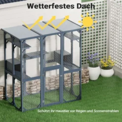 Wiltec Freilaufgehege Katzen 1705 x 925 x 1810 mm, Katzenfreigehege Holz mit Asphaltdach, Außengehege verschiedene Ebenen, Katzengehege für Garten, Balkon