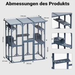 Wiltec Freilaufgehege Katzen 1705 x 925 x 1810 mm, Katzenfreigehege Holz mit Asphaltdach, Außengehege verschiedene Ebenen, Katzengehege für Garten, Balkon