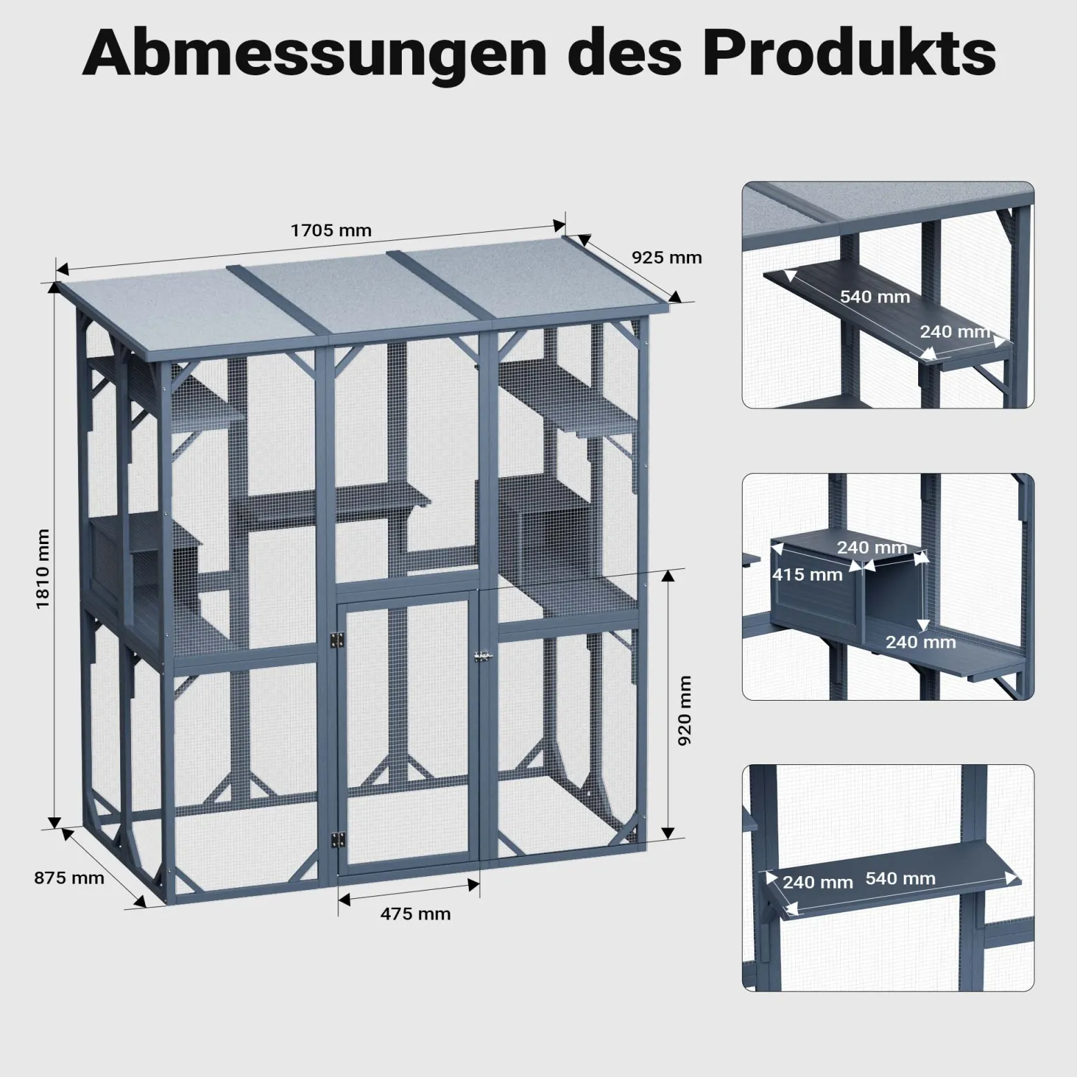 Wiltec Freilaufgehege Katzen 1705 x 925 x 1810 mm, Katzenfreigehege Holz mit Asphaltdach, Außengehege verschiedene Ebenen, Katzengehege für Garten, Balkon