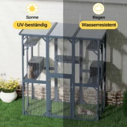 Wiltec Freilaufgehege Katzen 1705 x 925 x 1810 mm, Katzenfreigehege Holz mit Asphaltdach, Außengehege verschiedene Ebenen, Katzengehege für Garten, Balkon