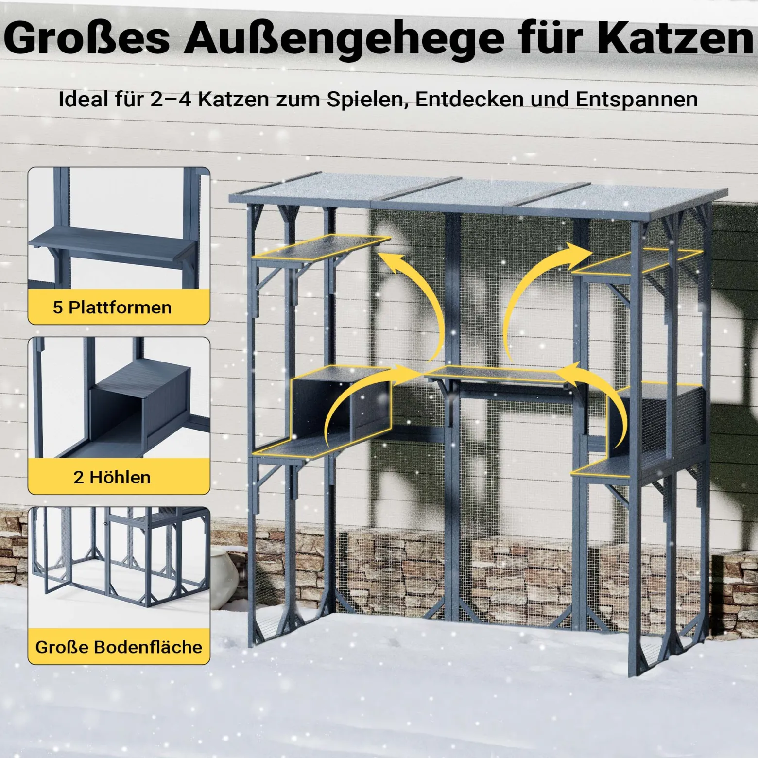 Wiltec Freilaufgehege Katzen 1705 x 925 x 1810 mm, Katzenfreigehege Holz mit Asphaltdach, Außengehege verschiedene Ebenen, Katzengehege für Garten, Balkon